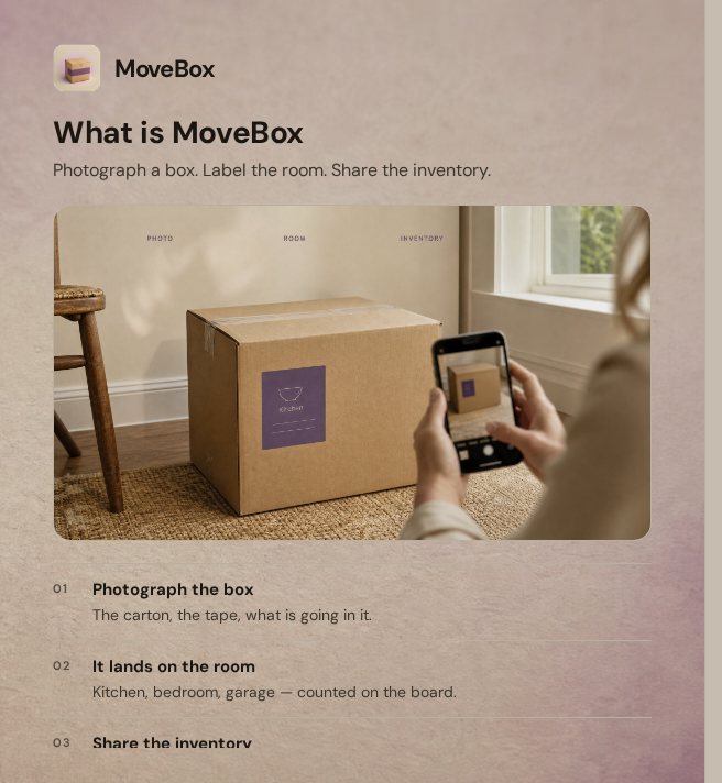 MoveBox — Photograph a box. Label the room. Share the inventory.