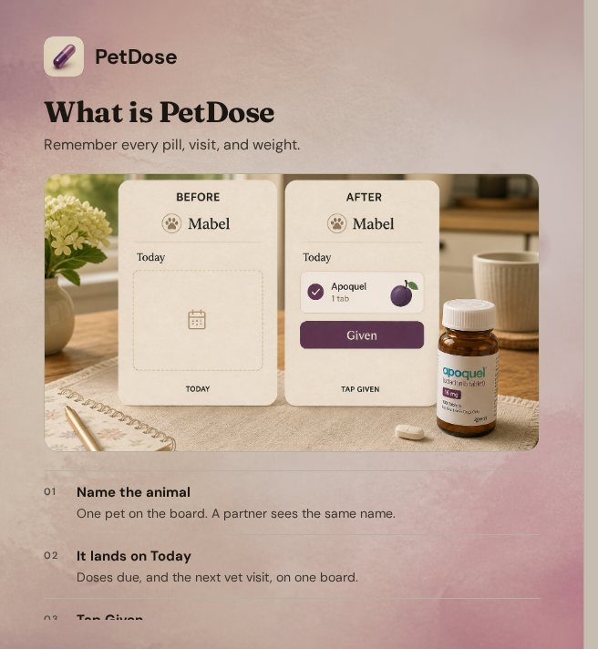 PetDose — Remember every pill, vet visit, and weight for the animals you love.