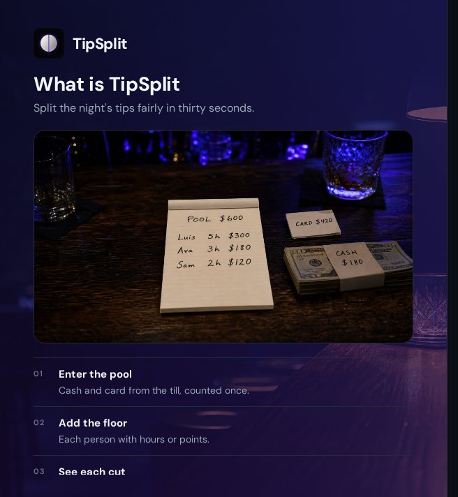TipSplit — Split the night's tips fairly in thirty seconds.